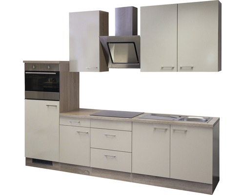 Cuisine linéaire avec évier, cuisinière, four, hotte et armoires murales