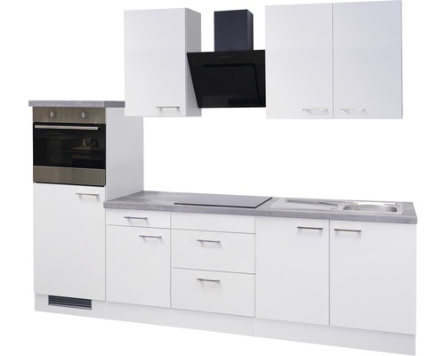 Komplette Küchenzeile mit Hängeschränken, Dunstabzugshaube, Spüle und Backofen