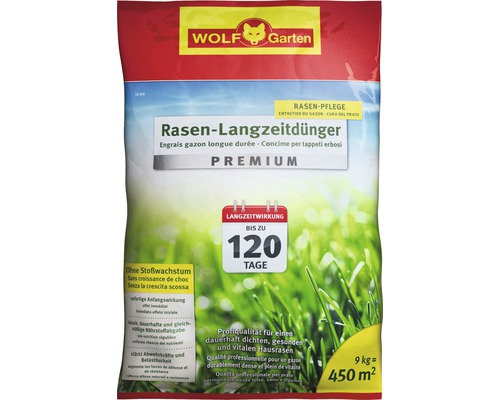 Engrais pour gazon longue durée WOLF-Garten Premium 9 kg / 450 m² Logo Wolf Garten. Emballage d''engrais gazon longue durée Premium, contenu 9 kilogrammes pour 450 mètres carrés de pelouse.