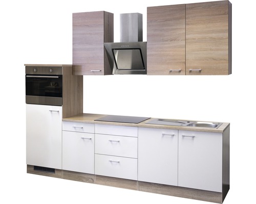 Cuisine équipée avec évier, plaque de cuisson, four et hotte aspirante