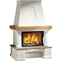 Kamin mit Glasfront, Holz und Steindekor