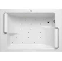 Blick von oben auf eine rechteckige Badewanne mit Düsen und Kopfstützen