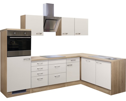 Komplette Küche mit Spüle, Herd, Backofen, Dunstabzugshaube und Schränken