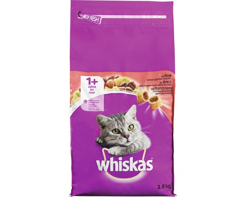 Croquettes pour chats, Whiskas 1+ boeuf 3,8 kg