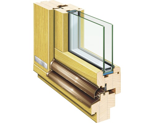 Coupe transversale d''une fenêtre en bois avec double vitrage et logo RORO.