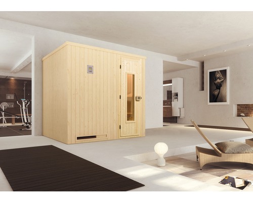 Sauna modulaire Weka Halmstad HT taille 2 avec poêle 7,5 kW et commande numérique, avec porte en bois et vitrage à isolation thermique