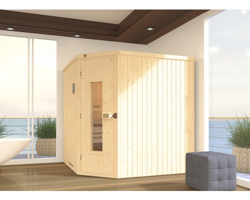 Sauna modulaire Weka Varberg HT taille 3 avec poêle bio 7,5 kW et commande numérique, avec porte en bois et vitrage à isolation thermique