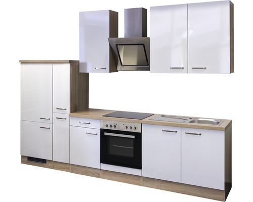 Komplette Küchenzeile mit Hängeschränken, Dunstabzugshaube, Spüle und Elektrogeräten