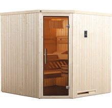 Sauna d''angle avec porte en verre et commande de sauna
