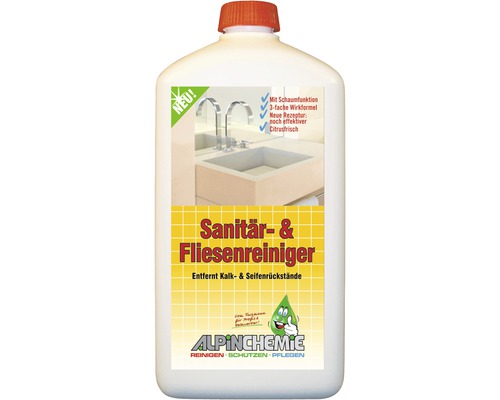 Nettoyant pour installations sanitaires et carrelages, 1 litre Nettoyant sanitaire et carrelage dans une bouteille blanche avec un bouchon rouge.