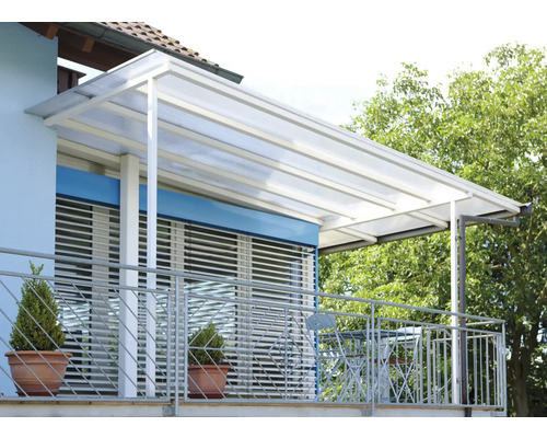 Balcon avec auvent en plastique transparent et structure en acier