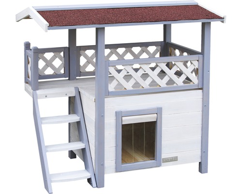 Zweistöckiges Hundehaus aus Holz mit Leiter und überdachtem Balkon