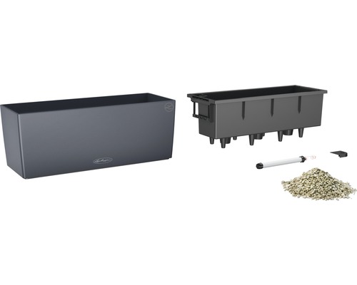 Grauer Pflanzkasten mit Bewässerungssystem und Zubehör