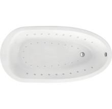 Oval geformte Badewanne mit Whirlpoolfunktion, Draufsicht.