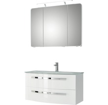 Badmöbel-Set Pelipal Xpressline 4005 BxHxT 92 x 122 x 49 cm Frontfarbe weiß hochglanz mit Waschtisch Glas weiß und Waschtisch Waschtischunterschrank Spiegelschrank mit LED-Beleuchtung 992.09001110