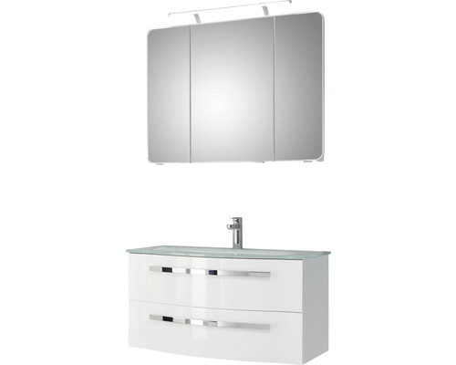 Set de meubles de salle de bains Pelipal Xpressline 4005 lxhxp 92 x 122 x 49 cm couleur de façade blanc haute brillance avec vasque en verre blanc et vasque meuble sous vasque armoire de toilette avec éclairage LED 992.09001110