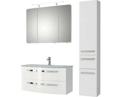 Set de meubles de salle de bains Pelipal Xpressline 4005 lxhxp 132 x 168 x 49 cm couleur de façade blanc haute brillance avec vasque en verre blanc et vasque meuble sous vasque armoire de toilette avec éclairage LED meuble haut 992.09001111