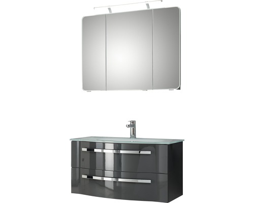 Set de meubles de salle de bains Pelipal Xpressline 4005 lxhxp 92 x 122 x 49 cm couleur de façade gris haute brillance avec vasque en verre blanc et vasque meuble sous vasque armoire de toilette avec éclairage LED 992.09001120