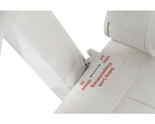 Vue détaillée d''un verrou rabattable avec l''inscription ''Safety Lock Klappsicherung ouvert/fermé''.