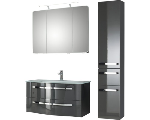 Badmöbel-Set Pelipal Xpressline 4005 BxHxT 132 x 200 x 49 cm Frontfarbe grau hochglanz mit Waschtisch Glas weiß und Waschtisch Waschtischunterschrank Spiegelschrank mit LED-Beleuchtung Hochschrank 992.09001121