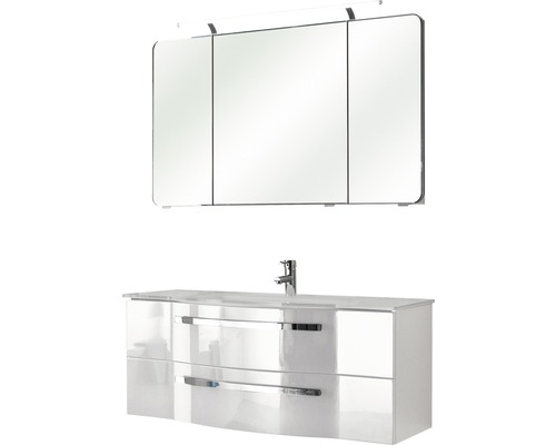 Badmöbel-Set Pelipal Xpressline 4005 BxHxT 120 x 200 x 49 cm Frontfarbe weiß hochglanz mit Waschtisch Glas weiß und Waschtisch Waschtischunterschrank Spiegelschrank mit LED-Beleuchtung 992.12001110 Badezimmer Set mit Spiegelschrank und Waschtischunterschrank