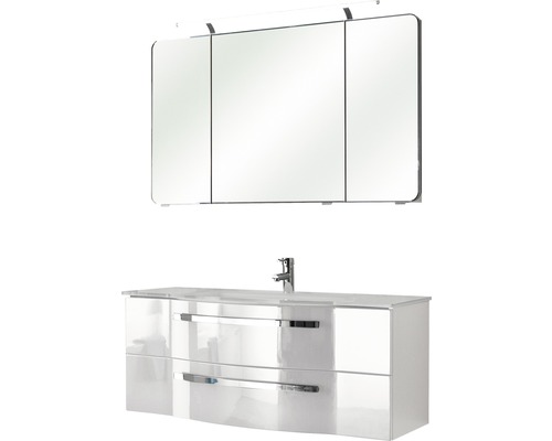 Set de meubles de salle de bains Pelipal Xpressline 4005 lxhxp 120 x 200 x 49 cm couleur de façade blanc haute brillance avec vasque en verre blanc et vasque meuble sous vasque armoire de toilette avec éclairage LED 992.12001110