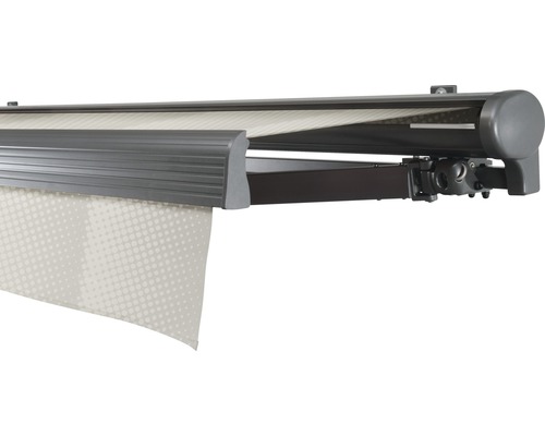 Store banne semi-coffre SOLUNA Comfort 2,5x2 tissu dessin J202 châssis DB703 gris foncé entraînement à droite avec moteur, capteur de soleil et de vent, interrupteur mural