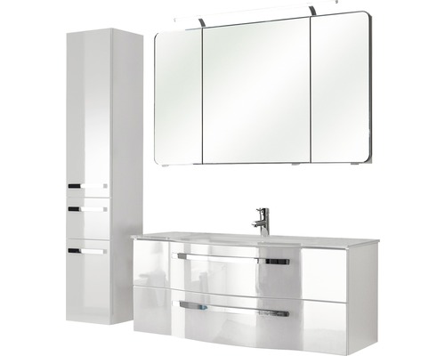 Set de meubles de salle de bains Pelipal Xpressline 4005 lxhxp 157 x 200 x 49 cm couleur de façade blanc haute brillance avec vasque en verre blanc et vasque meuble sous vasque armoire de toilette avec éclairage LED meuble haut 992.12001111