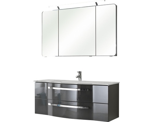 Set de meubles de salle de bains Pelipal Xpressline 4005 lxhxp 120 x 200 x 49 cm couleur de façade gris haute brillance avec vasque en verre blanc et vasque meuble sous vasque armoire de toilette avec éclairage LED 992.12001120