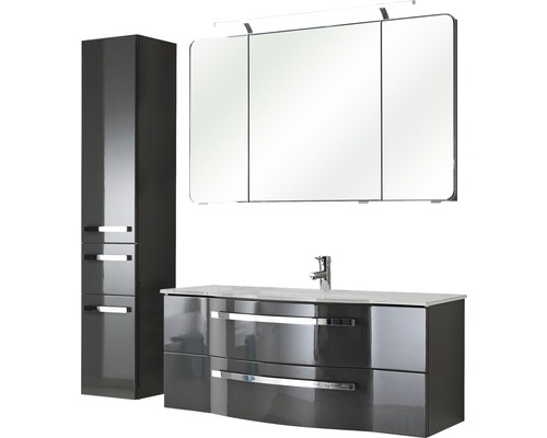 Set de meubles de salle de bains Pelipal Xpressline 4005 lxhxp 157 x 200 x 49 cm couleur de façade gris haute brillance avec vasque en verre blanc et vasque meuble sous vasque armoire de toilette avec éclairage LED meuble haut 992.12001121