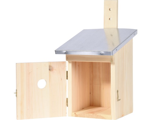 Offener Nistkasten aus Holz mit Metalldach