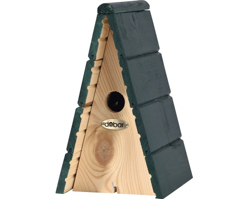 Nichoir triangulaire en bois avec trou d''envol et logo Dobar.