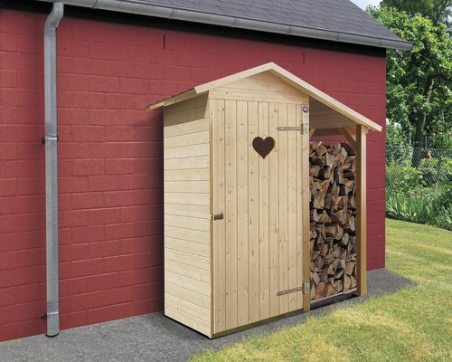 Abri de jardin weka Herzerl avec plancher et toit en appentis 162 x 105 cm naturel Stockage de bois en bois avec détail en forme de coeur sur un mur de maison