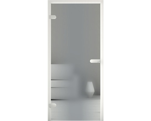 Glastür mit satiniertem Glas und Beschlägen in einer hellen Umgebung