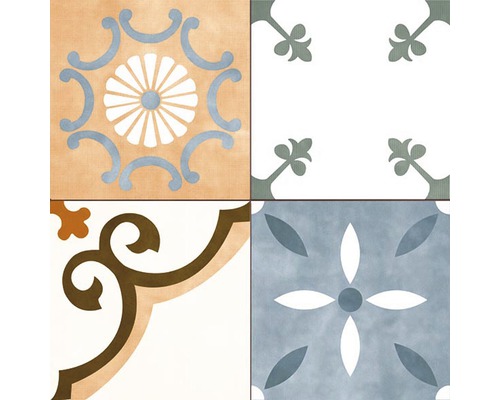 Fliesen mit floralen und ornamentalen Mustern