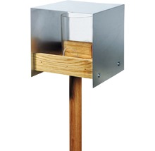 Abreuvoir pour oiseaux avec boîtier en acier inoxydable, tablette en bois et poteau en bois