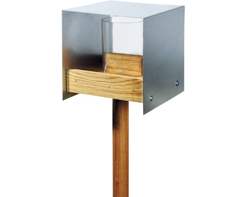 Abri-mangeoire pour oiseaux chêne avec toit en aluminium 15x16x16 cm Abreuvoir pour oiseaux avec boîtier en acier inoxydable, tablette en bois et poteau en bois