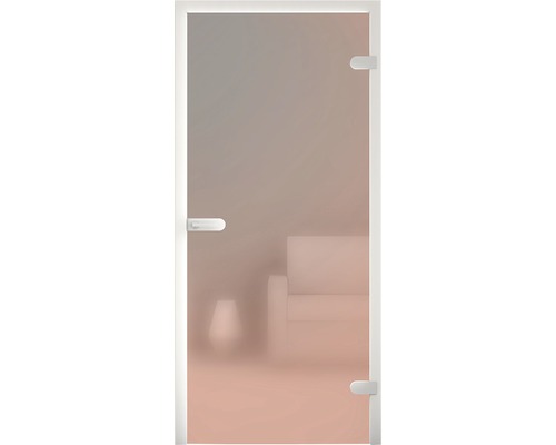 Glastür mit Griff und Beschlägen in einem weißen Rahmen