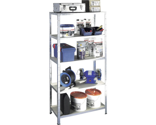 Regal mit Werkzeugkoffer, Farbbehältern, Werkzeugkasten, Kabeltrommel und Schleifbock