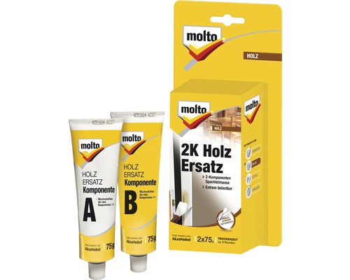 Molto 2K bicomposant remplacement du bois 2 x 75 g Mastic de réparation pour bois Molto à 2 composants dans un emballage jaune avec deux tubes