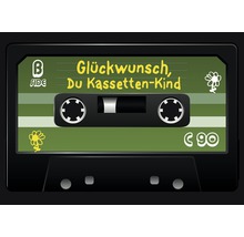 Illustrierte Musikkassette mit der Aufschrift ''Glückwunsch, Du Kassetten-Kind''