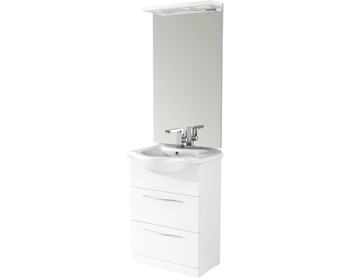 Set de meubles de salle de bains Baden Haus Bahia lxhxp 65 x 190 x 50 cm couleur de façade blanc haute brillance avec vasque en céramique et meuble sous vasque lavabo miroir avec éclairage LED