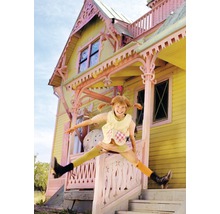 Une maison jaune et rose avec une fille qui saute sur le porche