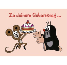 Geburtstagskarte mit Maulwurf und Maus mit Kuchen