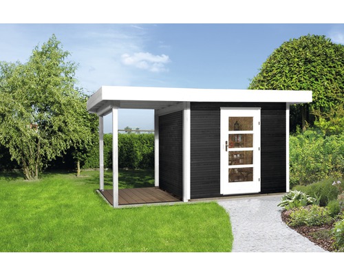 Abri de jardin moderne avec toit plat et terrasse couverte dans le jardin