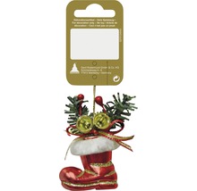 Dekorativer Weihnachtsstiefel mit Glocken und Tannenzweigen als Christbaumschmuck