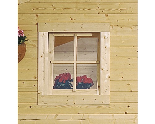 Fenêtre à un vantail pour abri de jardin 28/38 mm Karibu, ferrure oscillo-battante avec kit de bandes d’adaptation 38 mm 69x80 cm naturel-0