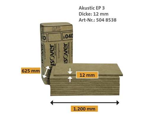 Panneaux isolants Isover Akustik EP3 en paquet et empilés, dimensions 625 x 1200 x 12 mm