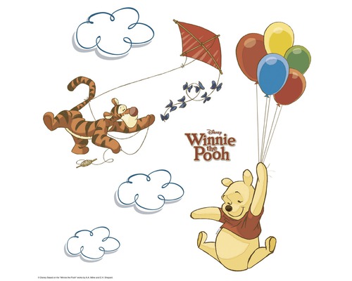Sticker mural Winnie l''ourson avec Tigrou, Winnie, nuages, cerfs-volants et ballons