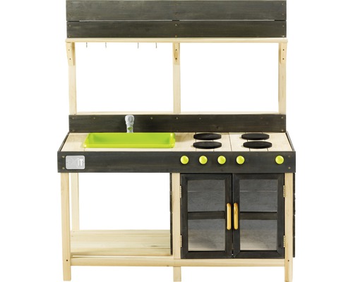 Spielküche aus Holz mit Spüle, Kochfeld und Backofen